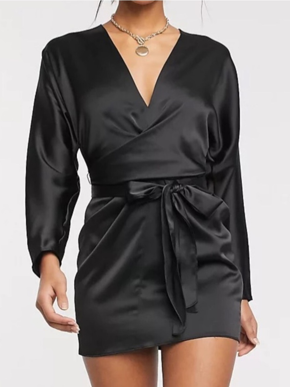 ASOS DESIGN Black Satin Batwing Sleeve Plunge Wrap Waist Mini Dress Size US 4